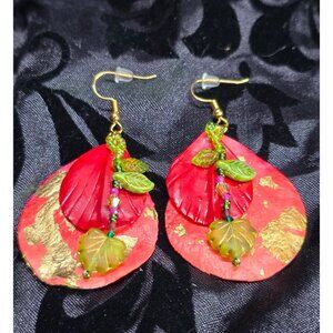 Unique Crafted 18k Gold Plated Rose Vine Gold Flaked Petal Ornamental Earrings